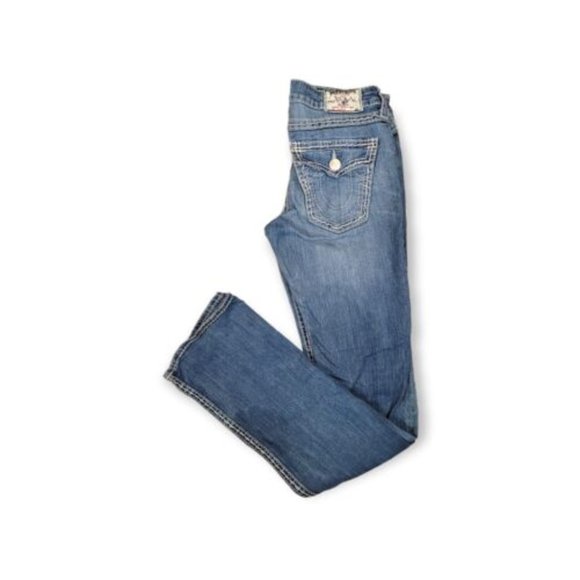 True Religion Women's Blue Belt Looped Slim Fit Straight Leg Denim Jeans Size 28 - Picture 1 of 4
